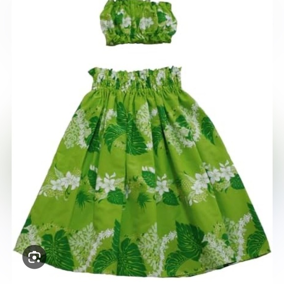 Girls (Large) Colorful Summer Green Ruched Tiered Strapless 2 Piece Sundress - Picture 2 of 7
